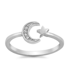 Moon Star Ring Round CZ 925 Sterling Silver